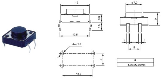 Кнопка тактовая 4pin 12*12*7 KFT-06